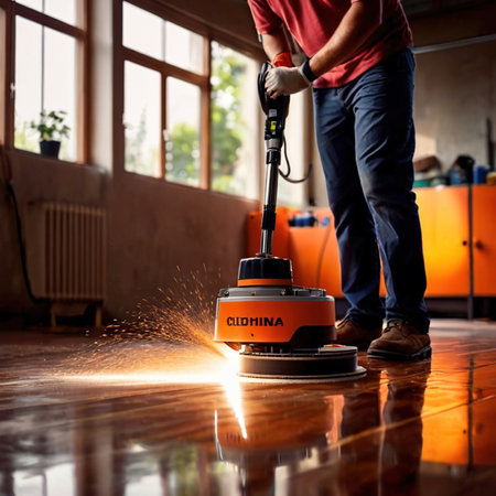 Worker polishing floor with polishing machine, maintenance janitorial work on buildingの素材