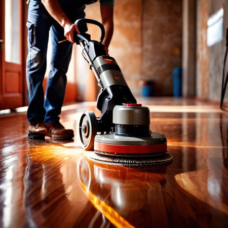 Worker polishing floor with polishing machine, maintenance janitorial work on buildingの素材