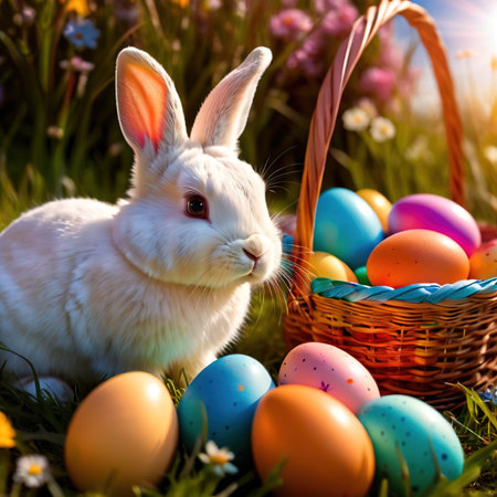 Cute bunny rabbit with colorful easter eggs, traditional easter spring traditionの素材