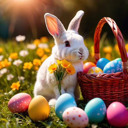 Cute bunny rabbit with colorful easter eggs, traditional easter spring traditionの素材