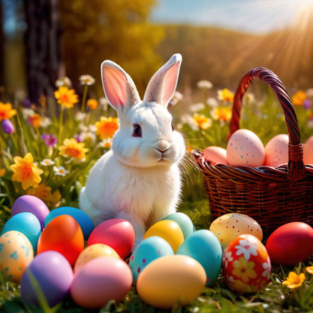 Cute bunny rabbit with colorful easter eggs, traditional easter spring traditionの素材