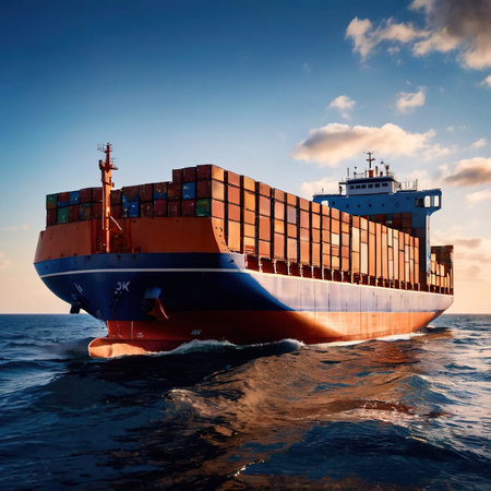 Large cargo container ship, naval logistics shipping transport infrastructure for movement of goodsの素材