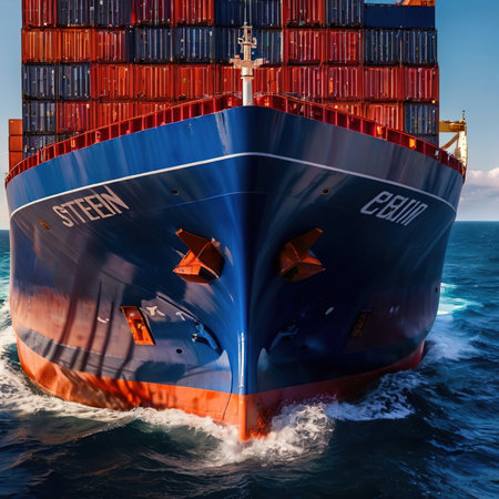 Large cargo container ship, naval logistics shipping transport infrastructure for movement of goodsの素材