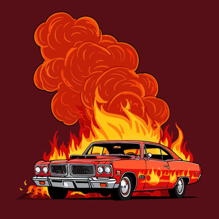 Car on fire, hotrod automobile insurance hazard, vector clipart illustrationのイラスト素材