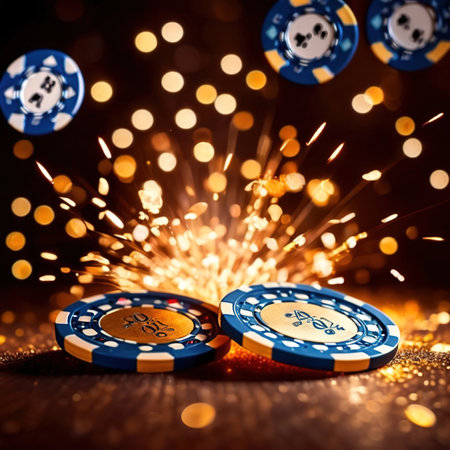 Sparkling dynamic flying poker casino chips, showing the excitement and thrill of gamblingの素材