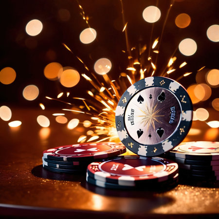 Sparkling dynamic flying poker casino chips, showing the excitement and thrill of gamblingの素材