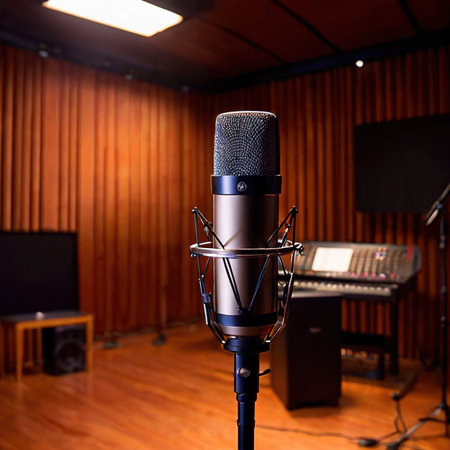Microphone audio recording equipment in studio environmentの素材