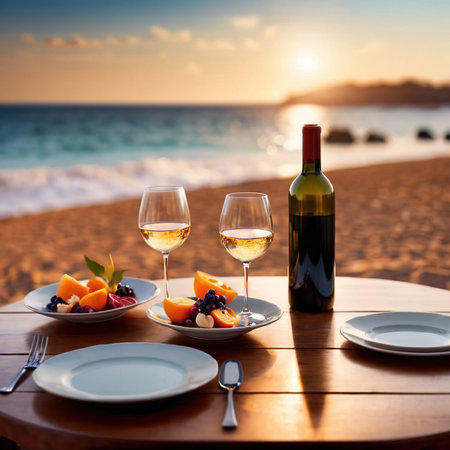 Romantic set table for two dinner at sunset on tropical beachの素材