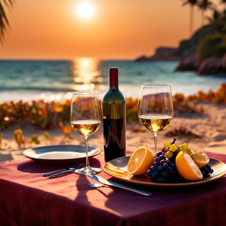 Romantic set table for two dinner at sunset on tropical beachの素材