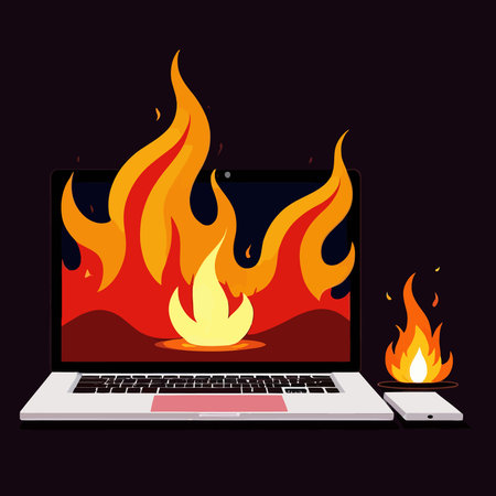Laptop on fire, indicating computer overheating and failure, vector illustrationのイラスト素材