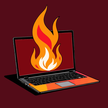 Laptop on fire, indicating computer overheating and failure, vector illustrationのイラスト素材