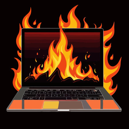 Laptop on fire, indicating computer overheating and failure, vector illustrationのイラスト素材