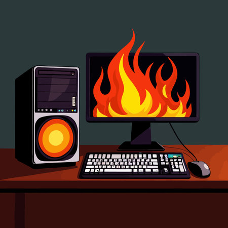 Computer on fire, indicating computer overheating and failure, vector illustrationのイラスト素材
