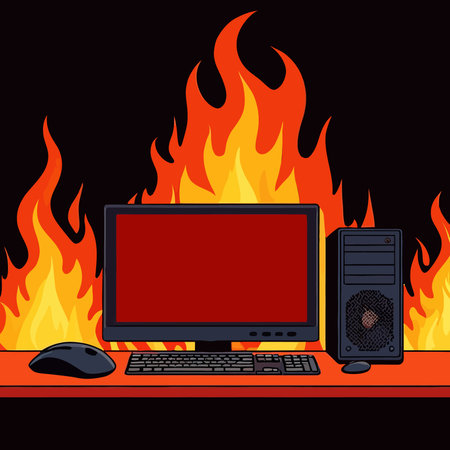 Computer on fire, indicating computer overheating and failure, vector illustrationのイラスト素材