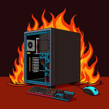 Computer on fire, indicating computer overheating and failure, vector illustrationのイラスト素材