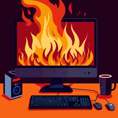 Computer on fire, indicating computer overheating and failure, vector illustrationのイラスト素材