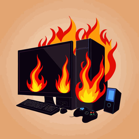 Computer on fire, indicating computer overheating and failure, vector illustrationのイラスト素材