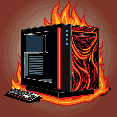Computer on fire, indicating computer overheating and failure, vector illustrationのイラスト素材