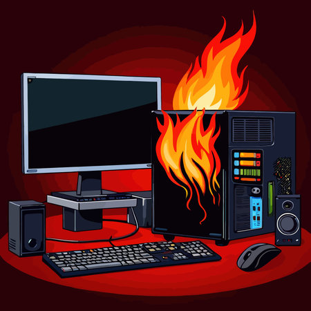 Computer on fire, indicating computer overheating and failure, vector illustrationのイラスト素材