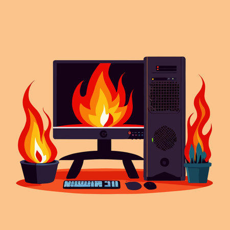 Computer on fire, indicating computer overheating and failure, vector illustrationのイラスト素材