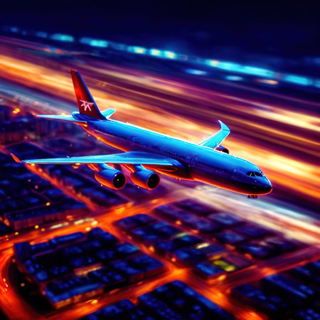 Airplane flying over city, long exposure dynamic motion with light streakの素材