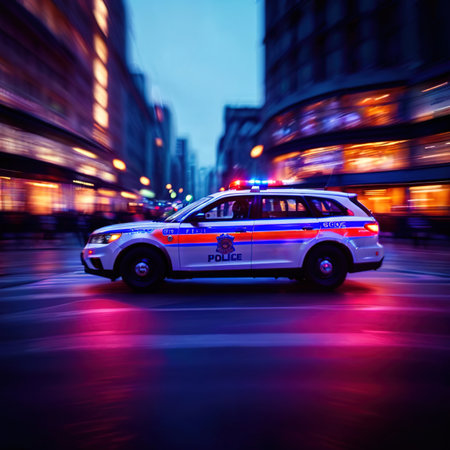 Police car high speed chase, long exposure dynamic motion with light streakの素材