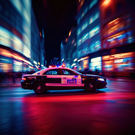Police car high speed chase, long exposure dynamic motion with light streakの素材