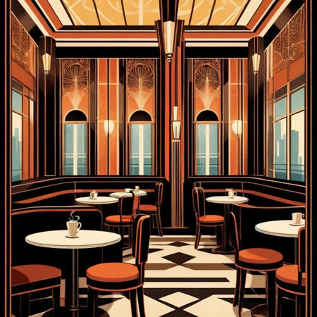 Interior of cafe coffee shop restaurant, retro art deco vintage illustrationの素材