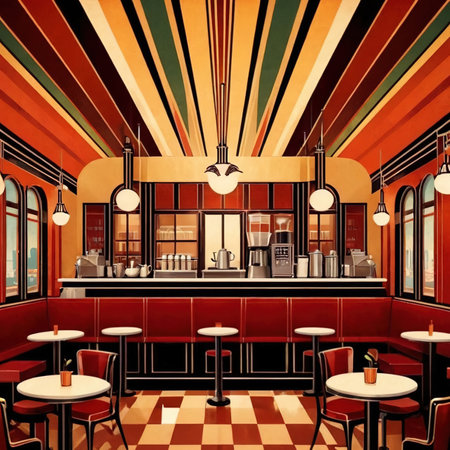 Interior of cafe coffee shop restaurant, retro art deco vintage illustrationの素材
