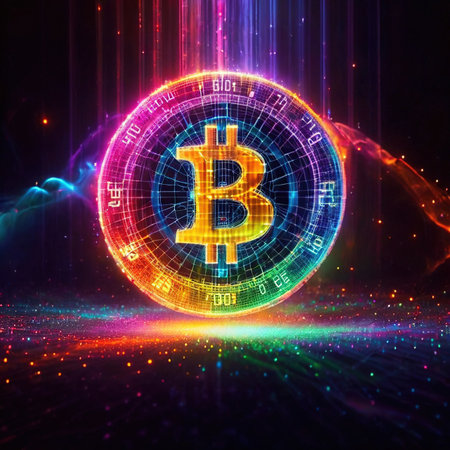 Virtual digital representation of bitcoin cryptocurrency online money wealth and transferの素材