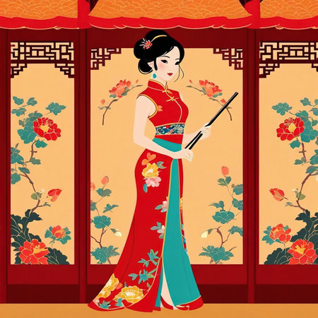 beautiful chinese woman wearing colorful qipao standing ornate beside pingfeng screenの素材