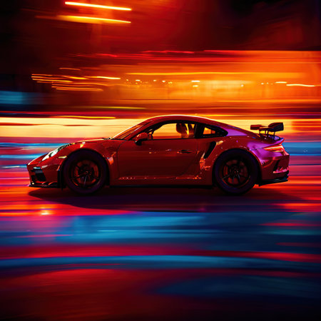 Sports car driving at high speeds, long exposure dynamic motion with light streakの素材
