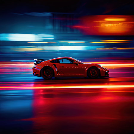 Sports car driving at high speeds, long exposure dynamic motion with light streakの素材
