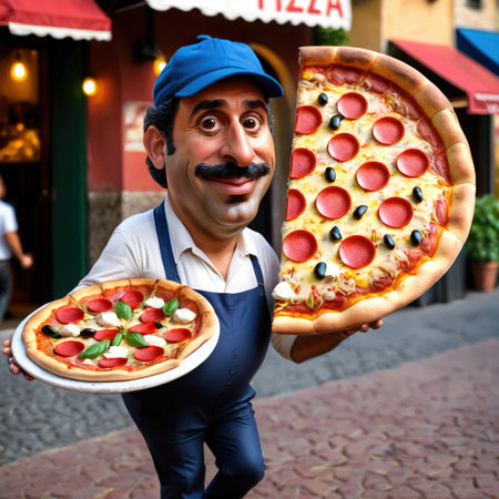 Parody caricature cartoon of Italian man carrying pizzaの素材