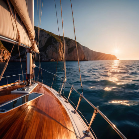 View from the deck of a luxury yacht with view of the ocean, luxury nautical lifestyleの素材