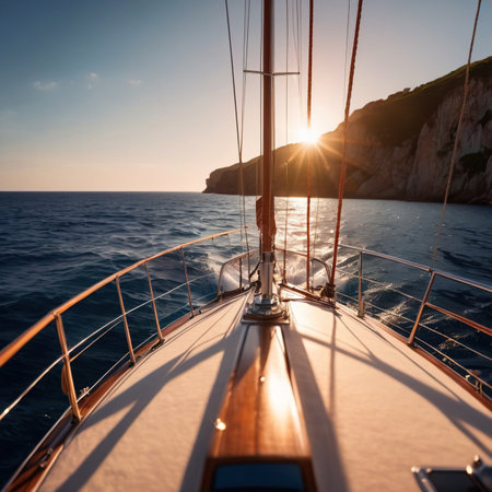 View from the deck of a luxury yacht with view of the ocean, luxury nautical lifestyleの素材