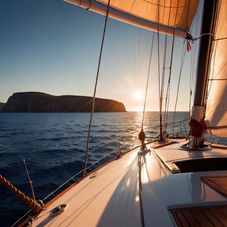 View from the deck of a luxury yacht with view of the ocean, luxury nautical lifestyleの素材