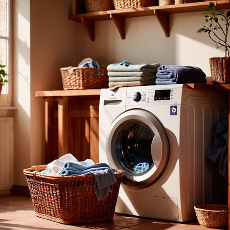 Laundry basket, clothes for wash, with washing machine in backgroundの素材