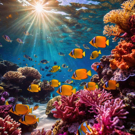 Underwater tropical fish swimming in coral, bright colorful aquariumの素材