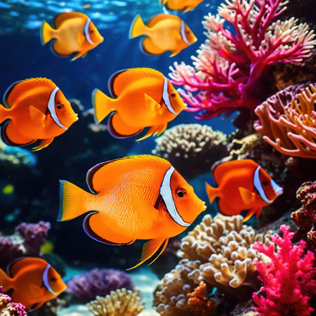 Underwater tropical fish swimming in coral, bright colorful aquariumの素材