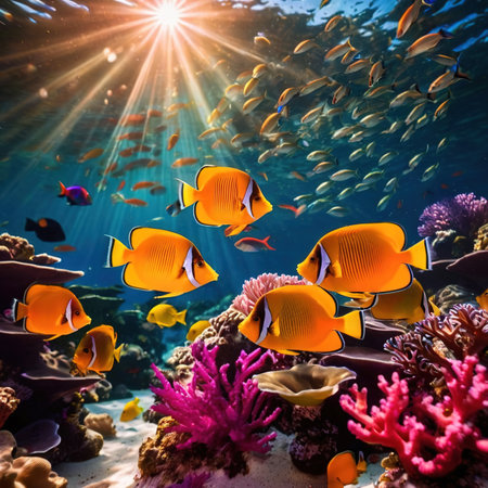 Underwater tropical fish swimming in coral, bright colorful aquariumの素材
