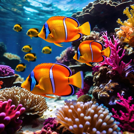 Underwater tropical fish swimming in coral, bright colorful aquariumの素材