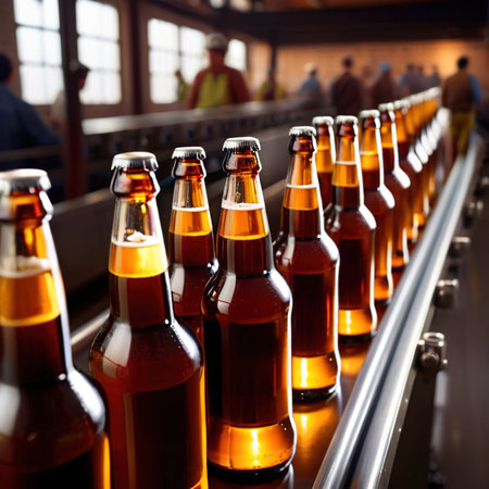 Assembly line bottling plant with glass beer bottles, alcoholic beverage manufacturing productionの素材