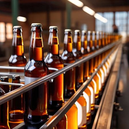 Assembly line bottling plant with glass beer bottles, alcoholic beverage manufacturing productionの素材
