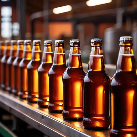 Assembly line bottling plant with glass beer bottles, alcoholic beverage manufacturing productionの素材