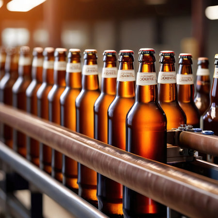 Assembly line bottling plant with glass beer bottles, alcoholic beverage manufacturing productionの素材