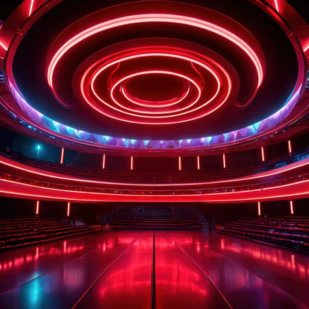 Modern futuristic stage arena for music and theater, with bright neon lightsの素材