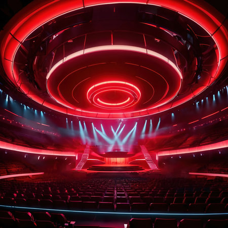 Modern futuristic stage arena for music and theater, with bright neon lightsの素材