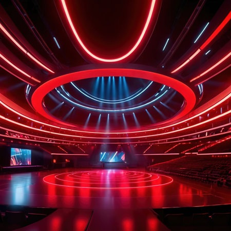 Modern futuristic stage arena for music and theater, with bright neon lightsの素材
