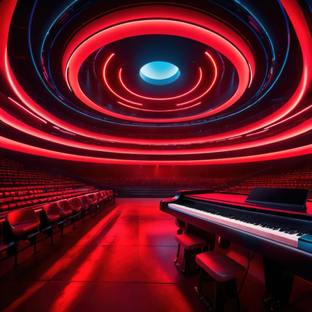 Modern futuristic stage arena for music and theater, with bright neon lightsの素材